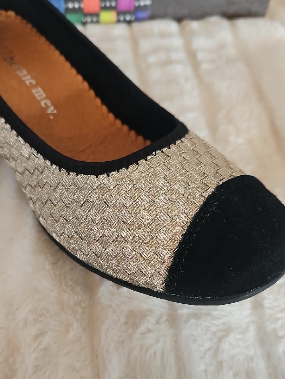 bernie mev. Gold Woven Ballet Flats with Black Trim - Picture 3 of 10